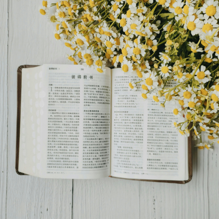 Ein offenes Buch mit gelben Blumen auf einem weißen Tisch.