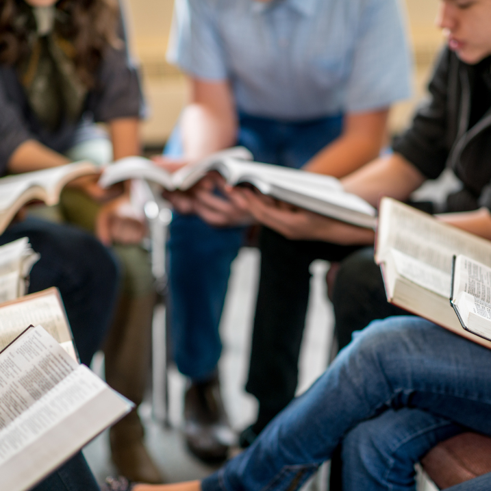 Gruppendiskussion über Bücher, Hände halten aufgeschlagene Bücher in einem Kreis.